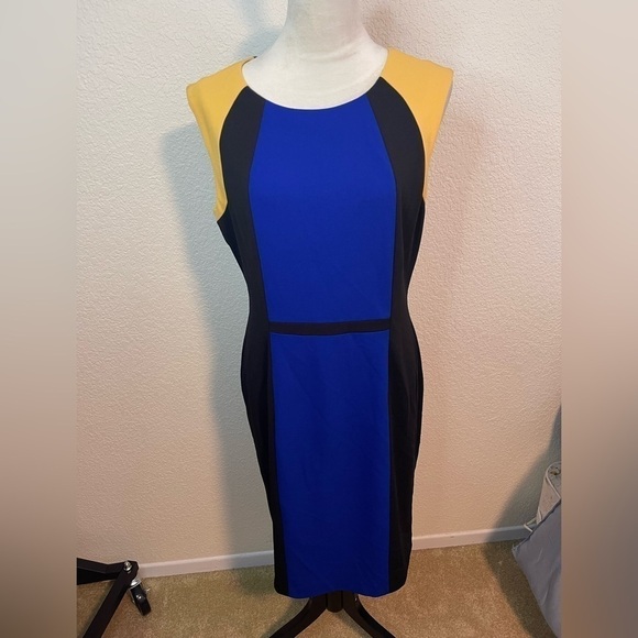 Kasper Dress Blue Black Gold Colorblocked Sleeveless Sheath NWT - Picture 2 of 8